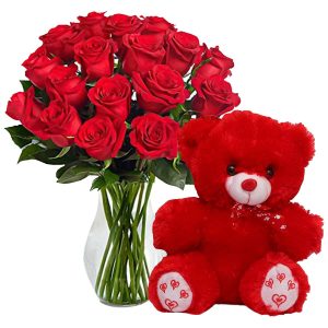 Red Roses With Cute Red Teddy